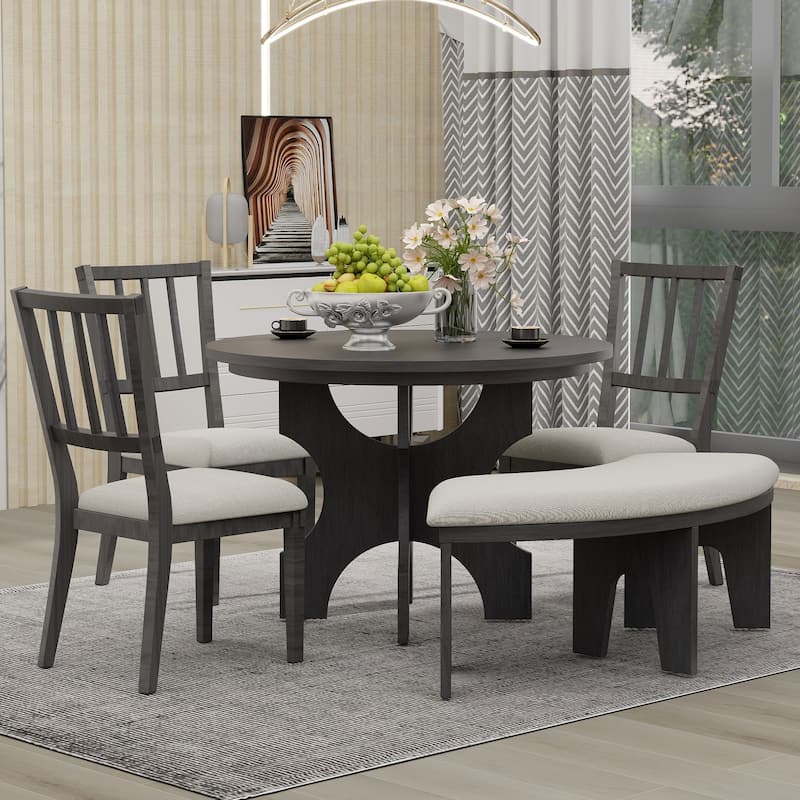 5Piece 44" Round Dining Table Set with Curved Bench & 3 Padded Chairs
